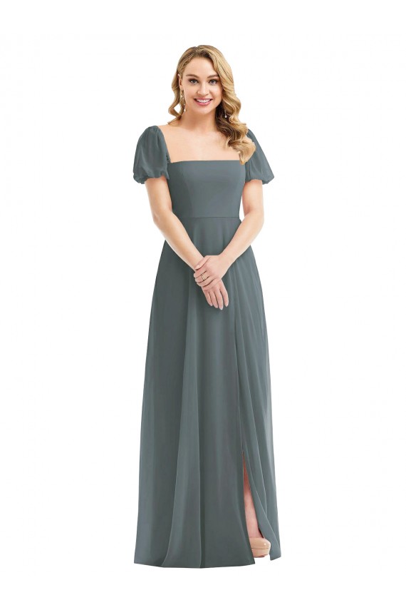 Buy Puff Sleeves Chiffon Maxi Bridesmaid Dress with Front Slit UK