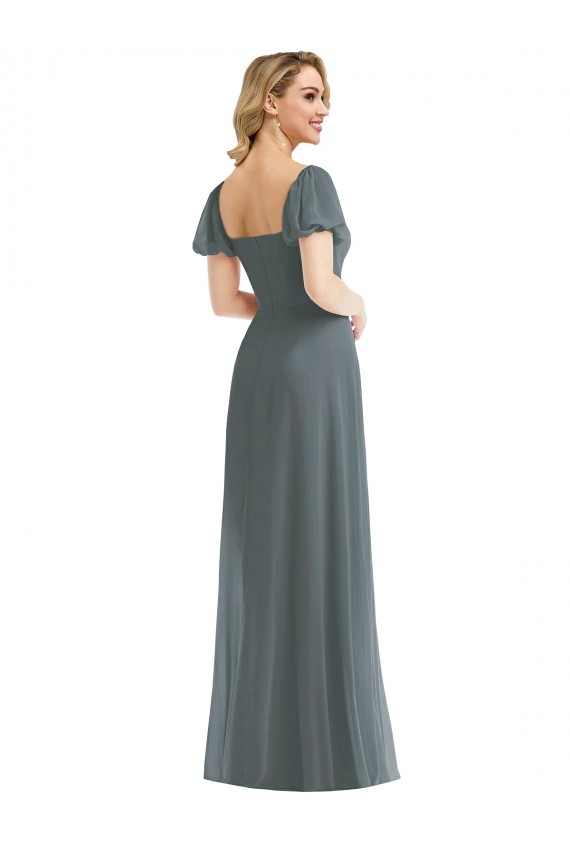 Buy Puff Sleeves Chiffon Maxi Bridesmaid Dress with Front Slit UK
