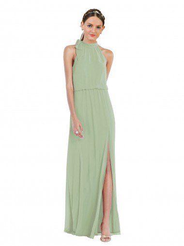 Buy High Neck Scarf Tie Blouson Bodice Maxi Bridesmaid Dress with Front Slit UK