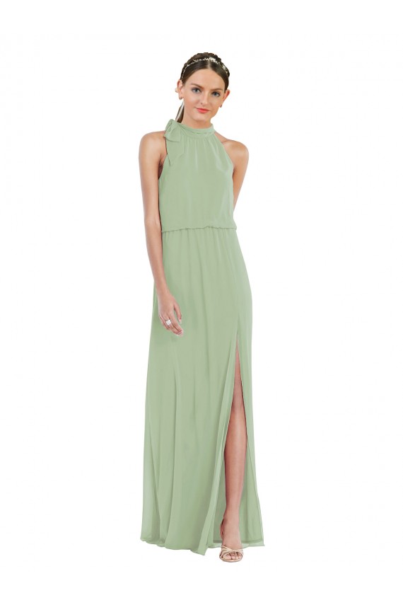 Buy High Neck Scarf Tie Blouson Bodice Maxi Bridesmaid Dress with Front Slit UK