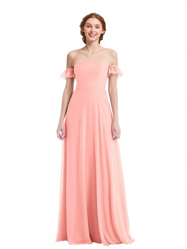 Buy Off the Shoulder Ruffle Cuff Sleeve Chiffon Maxi Bridesmaid Dress UK