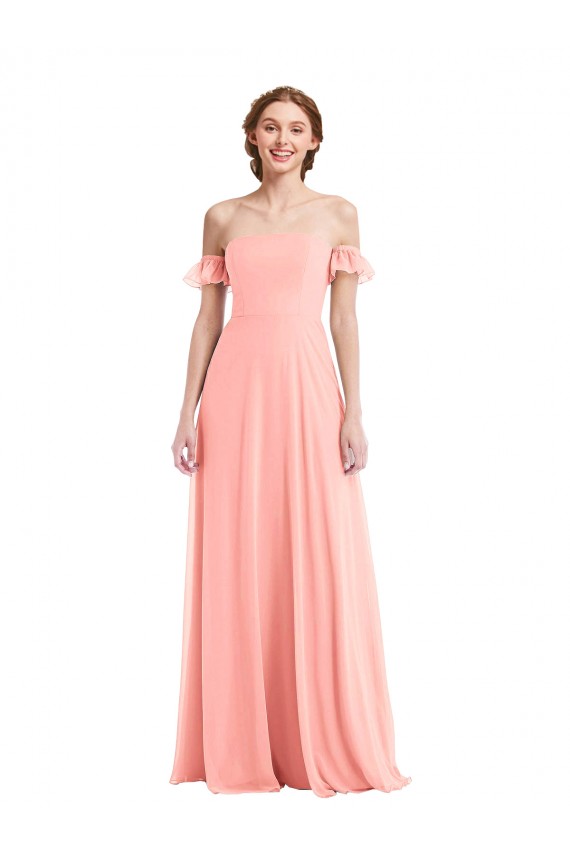 Buy Off the Shoulder Ruffle Cuff Sleeve Chiffon Maxi Bridesmaid Dress UK