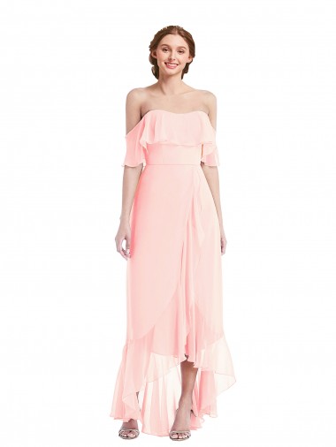 Buy Off the Shoulder Ruffled High Low Maxi Bridesmaid Dress UK