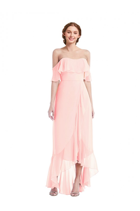 Buy Off the Shoulder Ruffled High Low Maxi Bridesmaid Dress UK