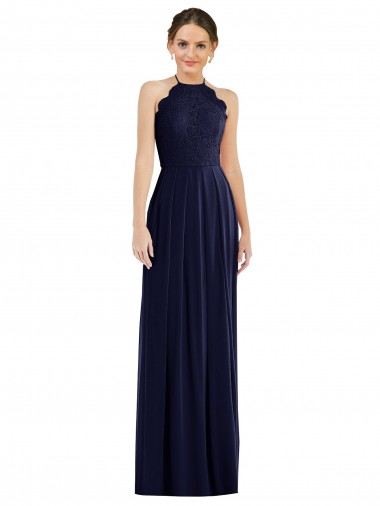 Buy Tie Neck Lace Halter Pleated Skirt Maxi Bridesmaid Dress UK