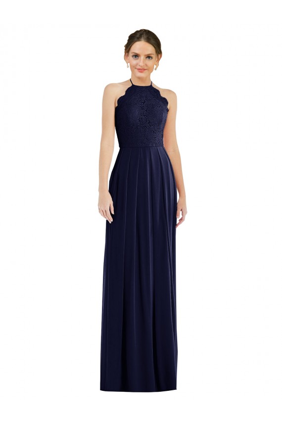 Buy Tie Neck Lace Halter Pleated Skirt Maxi Bridesmaid Dress UK