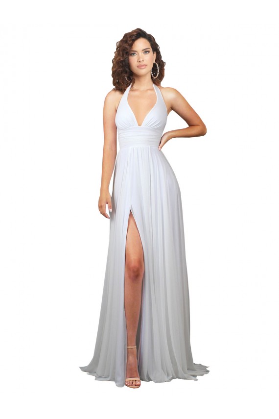 Buy Simple Halter Plunge V-Neckline Chiffon Beach Wedding Dress with High Leg Split UK