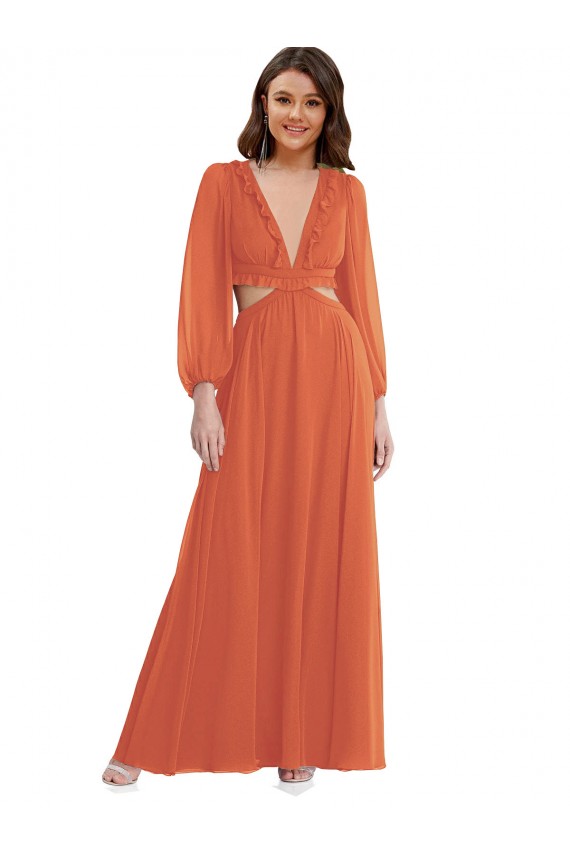 Buy High Low Ruffled Long Chiffon Cutout Bishop Sleeves Maxi Bridesmaid Dress UK
