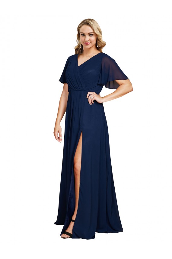 Buy Chiffon V-Neck Short Sleeves Long Formal Bridesmaid Dress / Prom Dress with High Slit UK