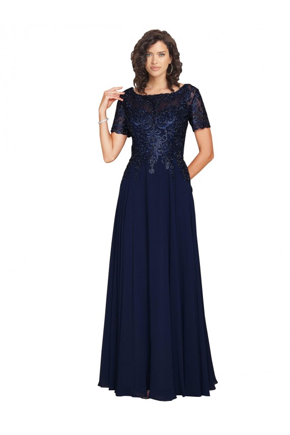 Buy Short Sleeves A-Line Long Chiffon Bridesmaid Dress / Prom Dress with Beaded Bodice UK