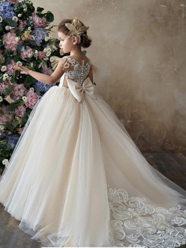 Buy Champagne Ball Gown Sweetheart Chapel Train Sleeveless Flower Girl Dress UK