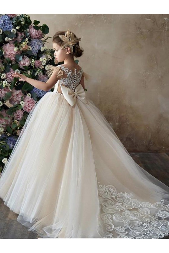 Buy Champagne Ball Gown Sweetheart Chapel Train Sleeveless Flower Girl Dress UK