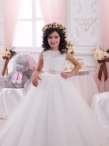 Buy Ivory Ball Gown Bateau Chapel Train Sleeveless Flower Girl Dress UK
