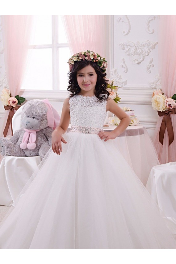Buy Ivory Ball Gown Bateau Chapel Train Sleeveless Flower Girl Dress UK
