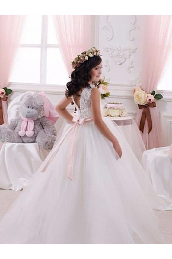 Buy Ivory Ball Gown Bateau Chapel Train Sleeveless Flower Girl Dress UK