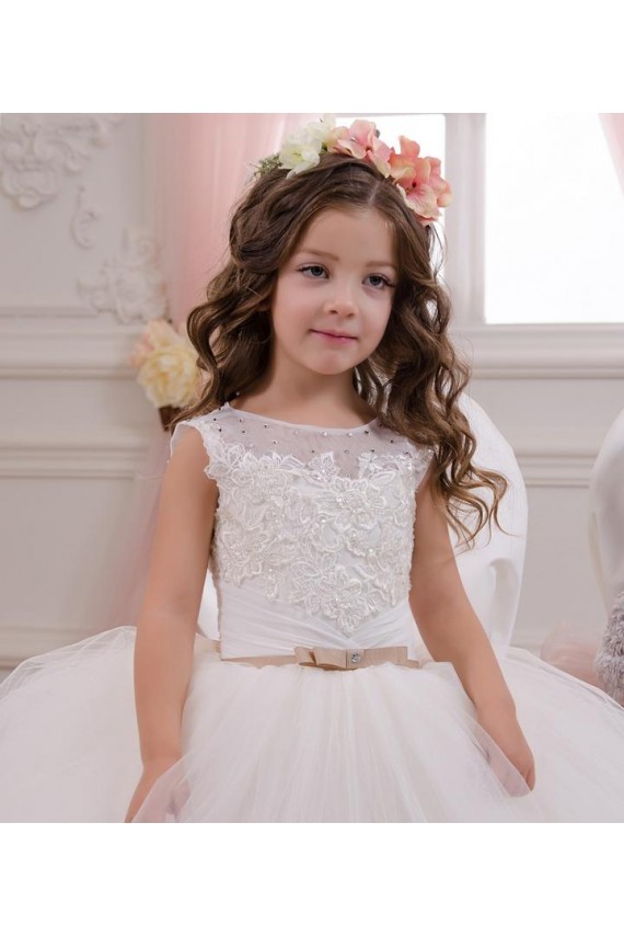 Buy Ivory Ball Gown Bateau Neck Chapel Train Sleeveless Flower Girl Dress UK