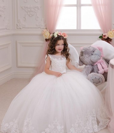 Buy Ivory Ball Gown Bateau Neck Chapel Train Sleeveless Flower Girl Dress UK