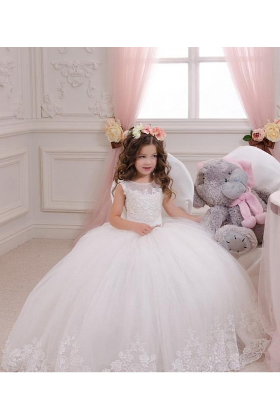 Buy Ivory Ball Gown Bateau Neck Chapel Train Sleeveless Flower Girl Dress UK