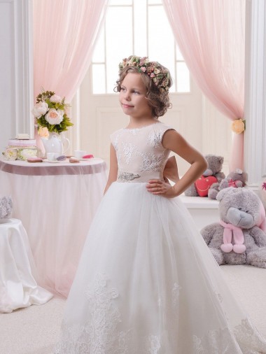 Buy Ivory Ball Gown Bateau Neck Chapel Train V-Back Flower Girl Dress UK