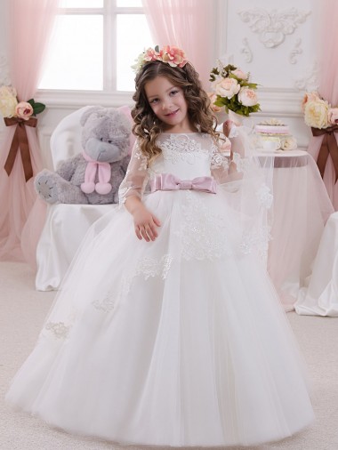 Buy Ivory Ball Gown Bateau Neck Long Chapel Train Sleeveless Flower Girl Dress UK
