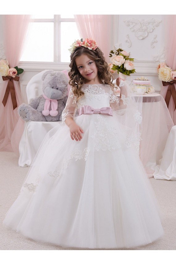 Buy Ivory Ball Gown Bateau Neck Long Chapel Train Sleeveless Flower Girl Dress UK