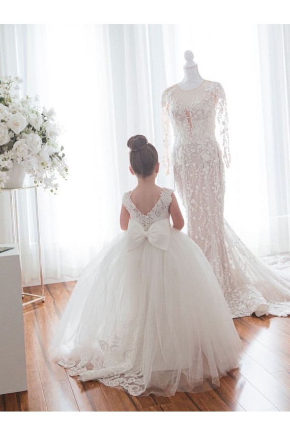 Buy Ivory Ball Gown Chapel Train Sleeveless Flower Girl Dress UK