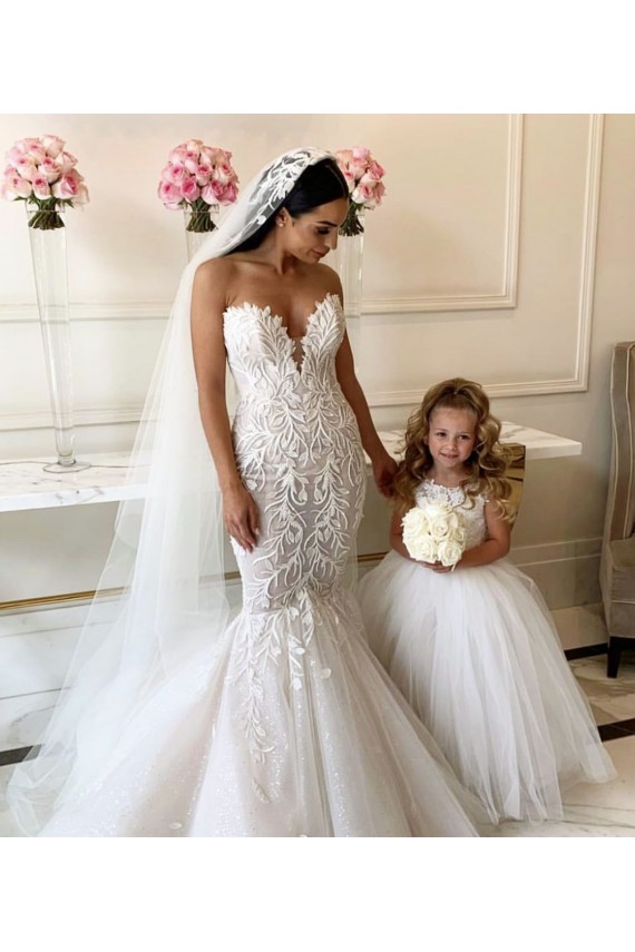 Buy Ivory Ball Gown Chapel Train Sleeveless Flower Girl Dress UK