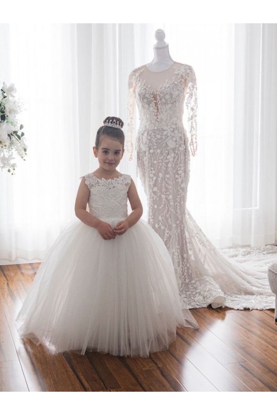 Buy Ivory Ball Gown Chapel Train Sleeveless Flower Girl Dress UK