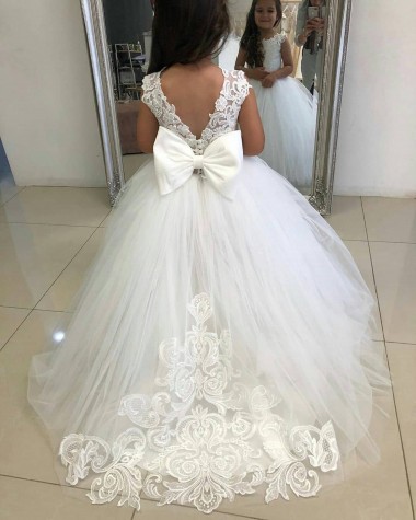Buy Ivory Ball Gown Chapel Train Sleeveless Flower Girl Dress UK