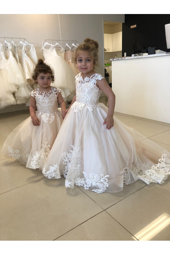Buy Ivory Ball Gown Chapel Train Sleeveless V-Back Flower Girl Dress UK