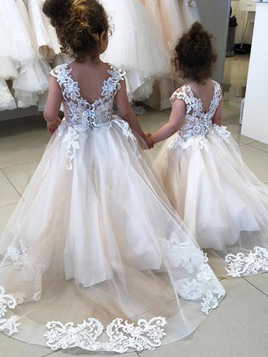 Buy Ivory Ball Gown Chapel Train Sleeveless V-Back Flower Girl Dress UK