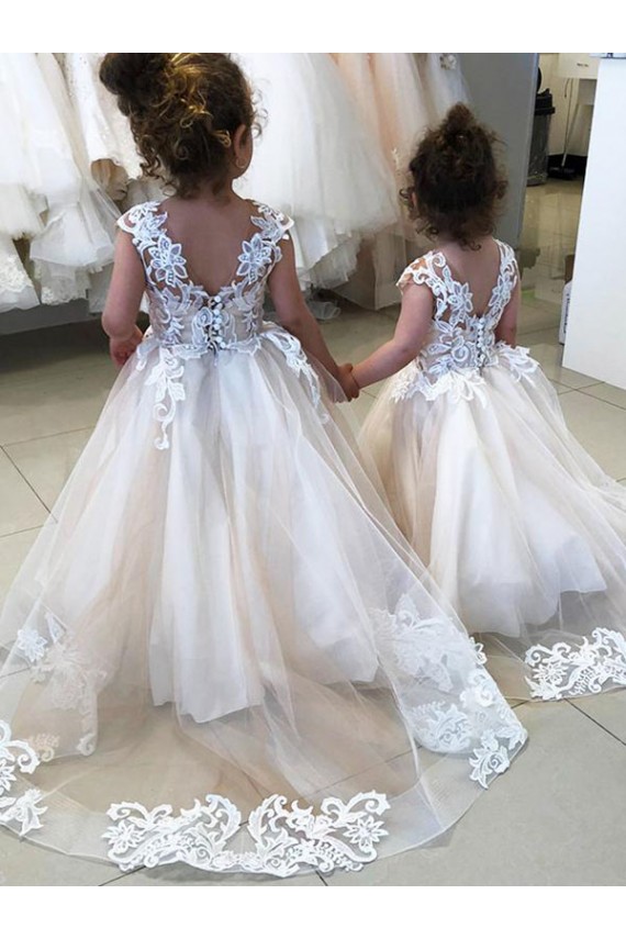 Buy Ivory Ball Gown Chapel Train Sleeveless V-Back Flower Girl Dress UK