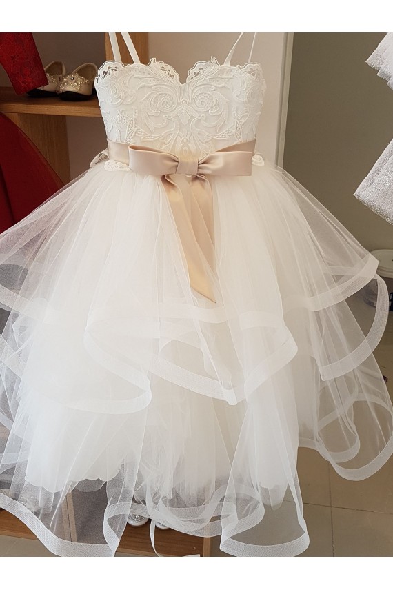 Buy Ivory Ball Gown High Neck Floor Length Flower Girl Dress UK