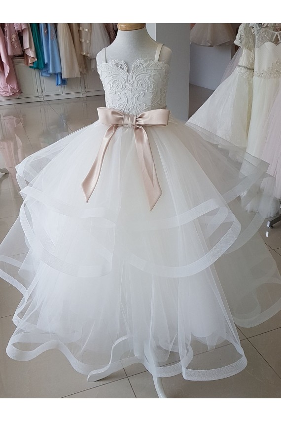Buy Ivory Ball Gown High Neck Floor Length Flower Girl Dress UK
