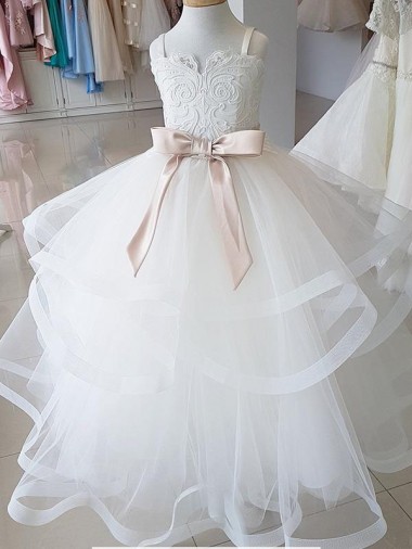 Buy Ivory Ball Gown High Neck Floor Length Flower Girl Dress UK