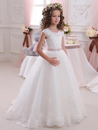 Buy Ivory Ball Gown High Neck Floor Length Keyhole Back Flower Girl Dress UK