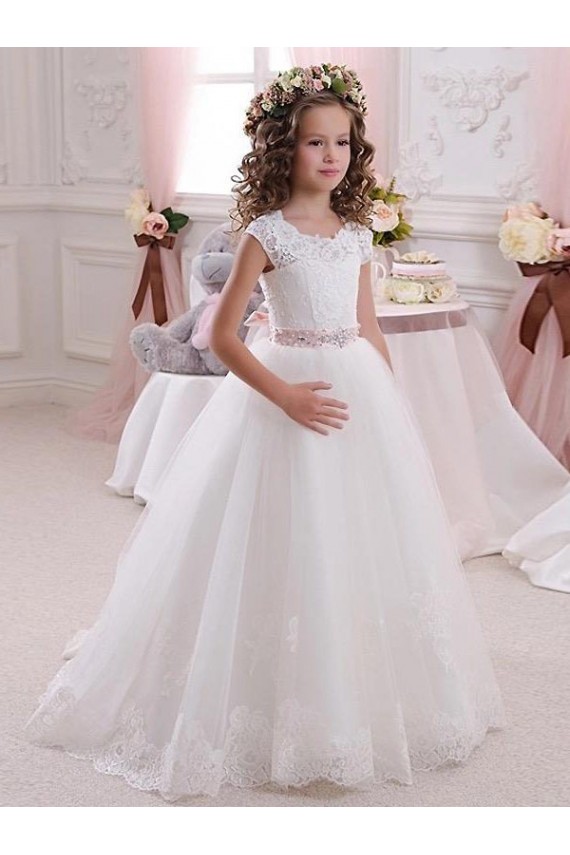 Buy Ivory Ball Gown High Neck Floor Length Keyhole Back Flower Girl Dress UK