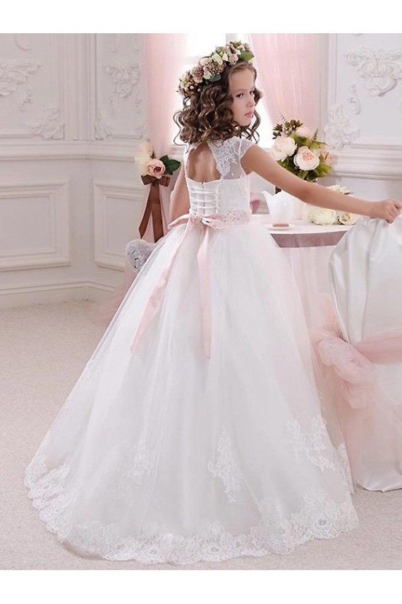 Buy Ivory Ball Gown High Neck Floor Length Keyhole Back Flower Girl Dress UK