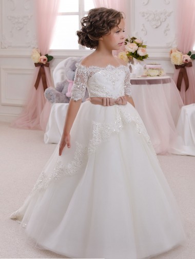 Buy Ivory Ball Gown High Neck Floor Length Short Sleeve Flower Girl Dress UK