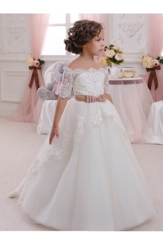 Buy Ivory Ball Gown High Neck Floor Length Short Sleeve Flower Girl Dress UK
