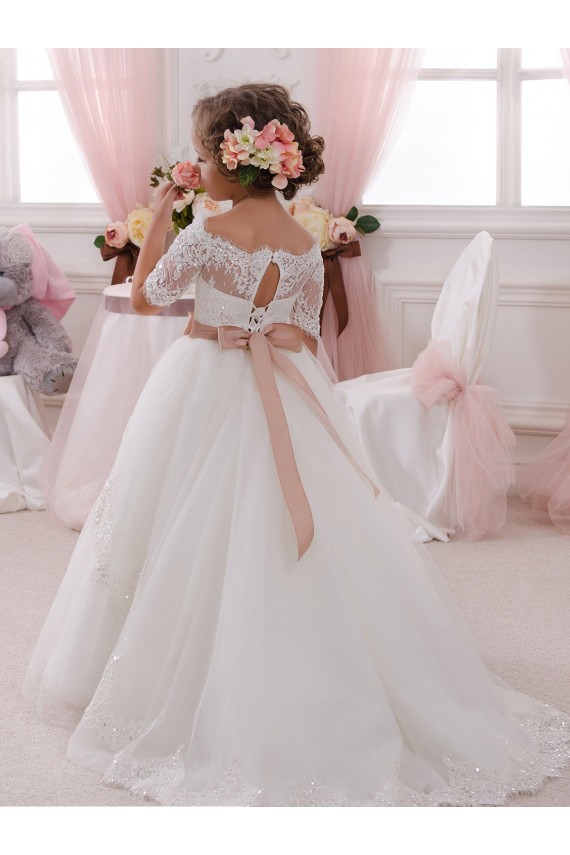 Buy Ivory Ball Gown High Neck Floor Length Short Sleeve Flower Girl Dress UK