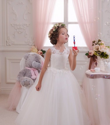 Buy Ivory Ball Gown High Neck Floor Length Sleeveless Flower Girl Dress UK