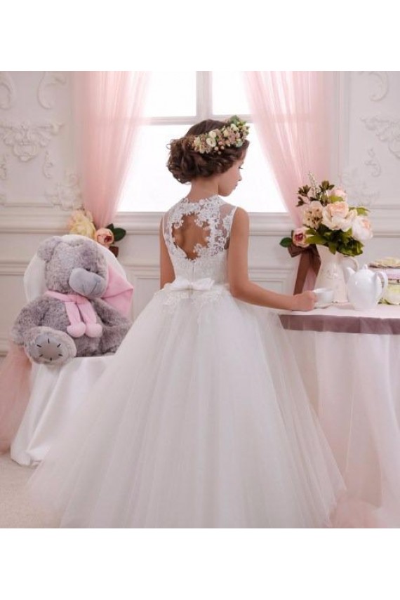 Buy Ivory Ball Gown High Neck Floor Length Sleeveless Flower Girl Dress UK