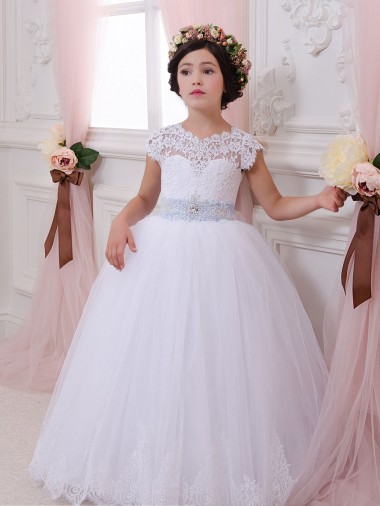 Buy Ivory Ball Gown Sweetheart Chapel Train Cap Sleeve Flower Girl Dress UK