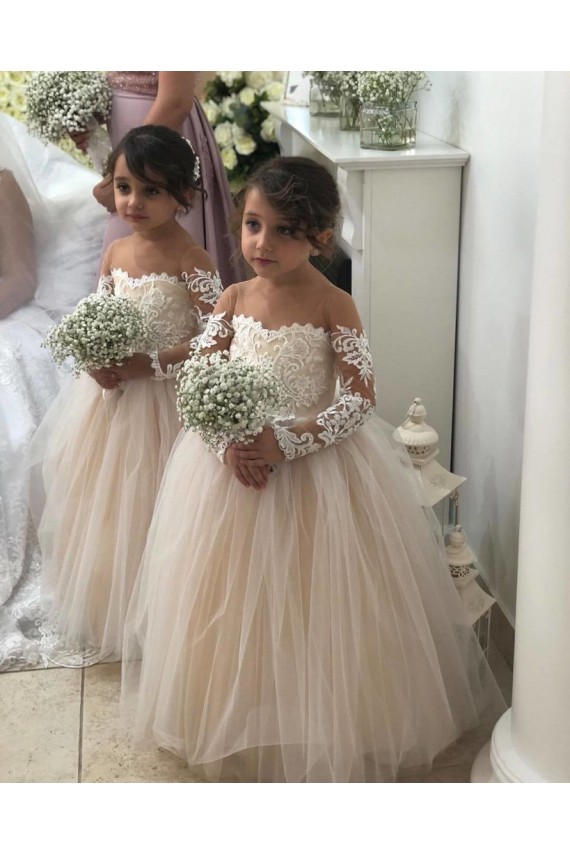 Buy Ivory Ball Gown Sweetheart Chapel Train Long Sleeve Flower Girl Dress UK