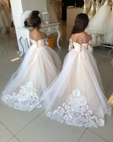 Buy Ivory Ball Gown Sweetheart Chapel Train Long Sleeve Flower Girl Dress UK