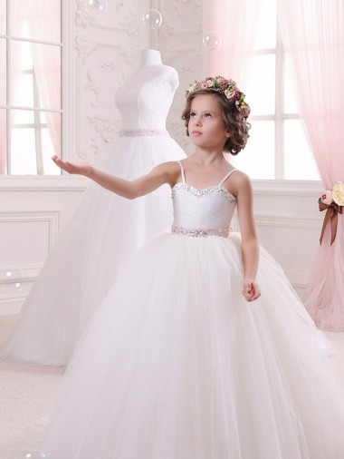 Buy Ivory Ball Gown Sweetheart Chapel Train Sleeveless Flower Girl Dress UK