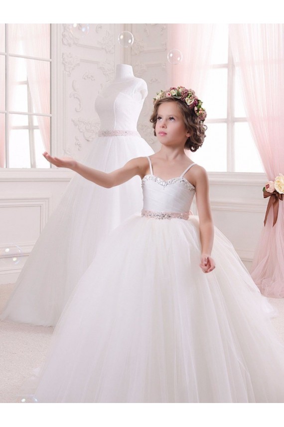 Buy Ivory Ball Gown Sweetheart Chapel Train Sleeveless Flower Girl Dress UK