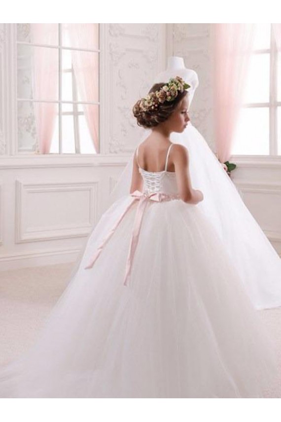 Buy Ivory Ball Gown Sweetheart Chapel Train Sleeveless Flower Girl Dress UK