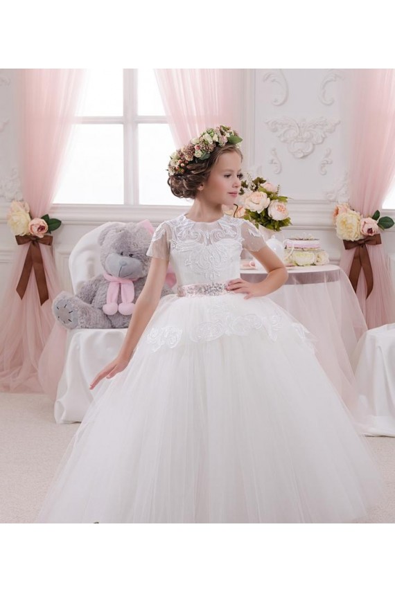 Buy Ivory Ball Gown Sweetheart Sleeveless Long Flower Girl Dress UK